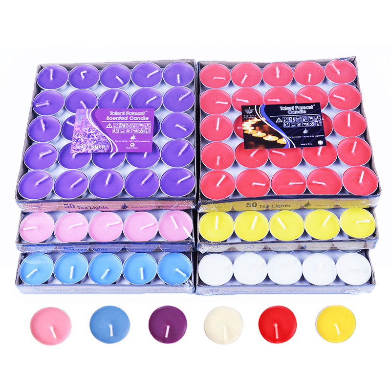 Handmade Colored 50 Pcs Round Shape Paraffin Wax Smokeless Tealight Candle For Yoga Spa