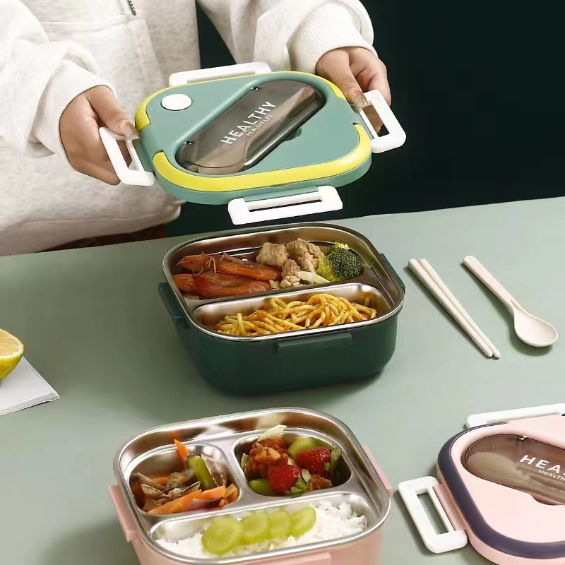 3 compartment leak proof 304 stainless steel kids lunch box customer logo kids food containers BPA free with cutlery set