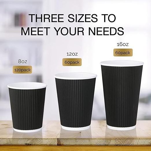 8 Oz 12Oz 16oz black  Disposable takeaway  Paper Coffee Cups double wall paper coffee cups durable ripple paper