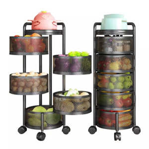 2023 wholesale popular Fruit Vegetable Round Baskets Rack Movable Rolling Rotating Storage Shelf