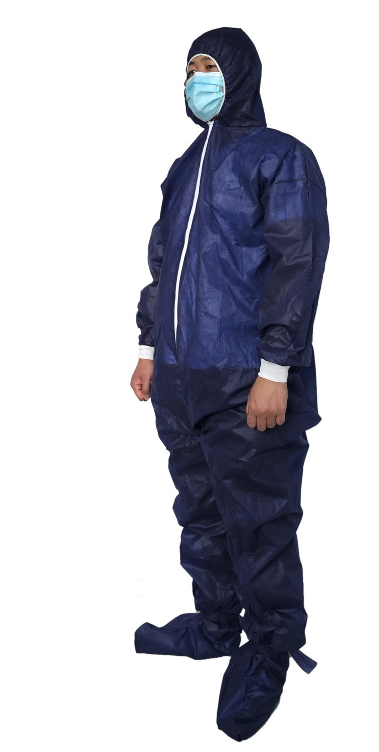 Disposable Safety Clothing PP Coverall With Hood Shoe Cover With Knitted Sleeve Navy Blue Provides Protection Factory Wholesale