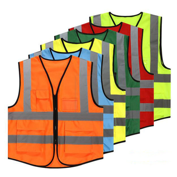 Red edge reflective strip Bright Neon Color Construction Protector with Zipper closure safety vest