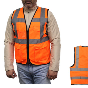 Economic orange yellow zipper tape closure Mesh Polyester Fabric Safety Vest with reflective strip vest running jacket