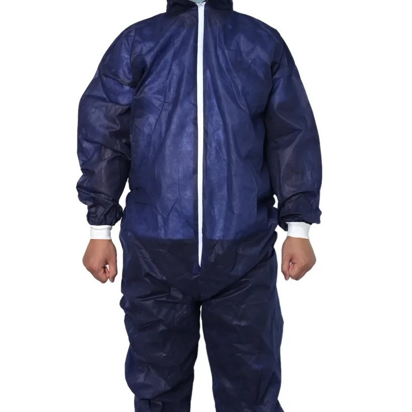 Disposable Safety Clothing PP Coverall With Hood Shoe Cover With Knitted Sleeve Navy Blue Provides Protection Factory Wholesale