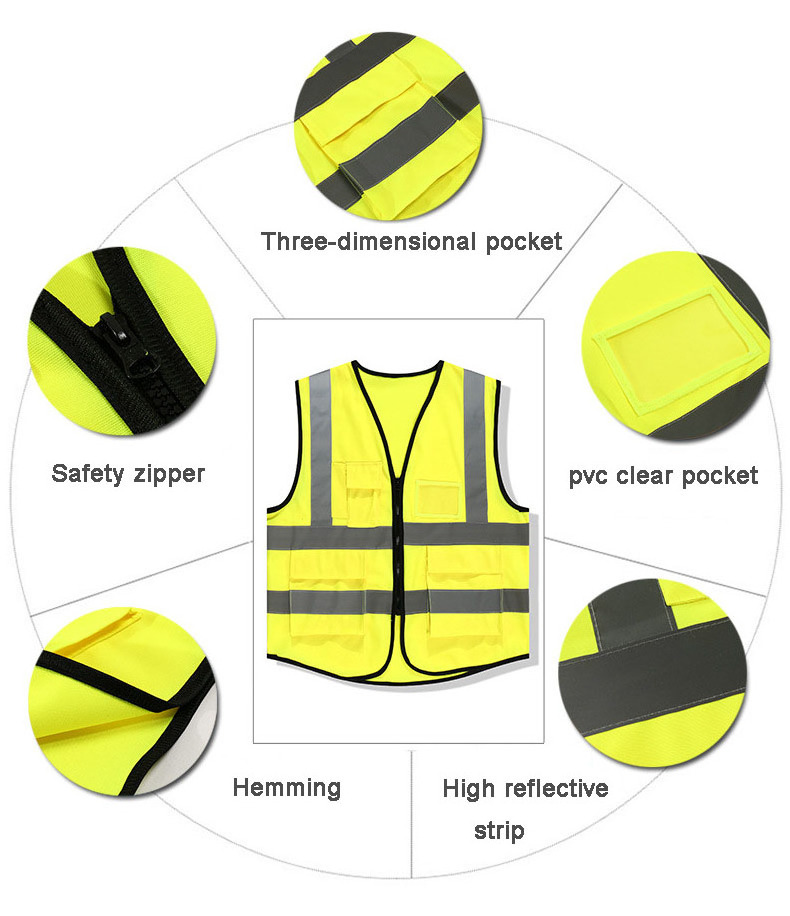 Economic good fitting High visibility reflective grey strip orange yellow blue red safety vest zipper closure road vest