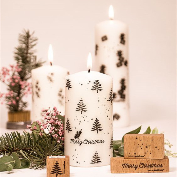 Christmas Home Lights 2x3 inch Pillar Candles Custom 12 inch White Pink Blue Pillar Candle with Flower Decoration