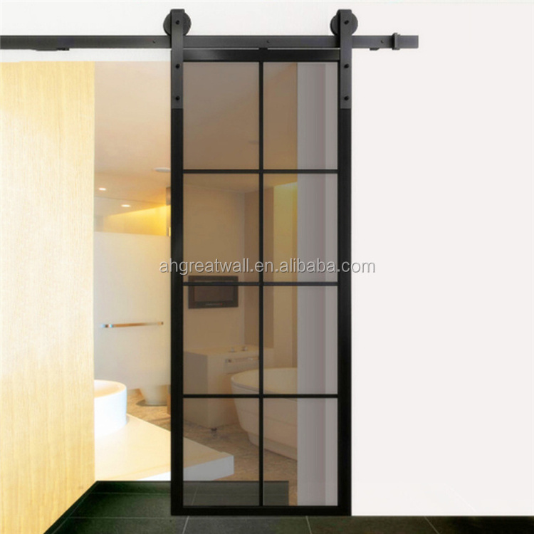 Rustic style black steel frame loft barn door with sliding hardware