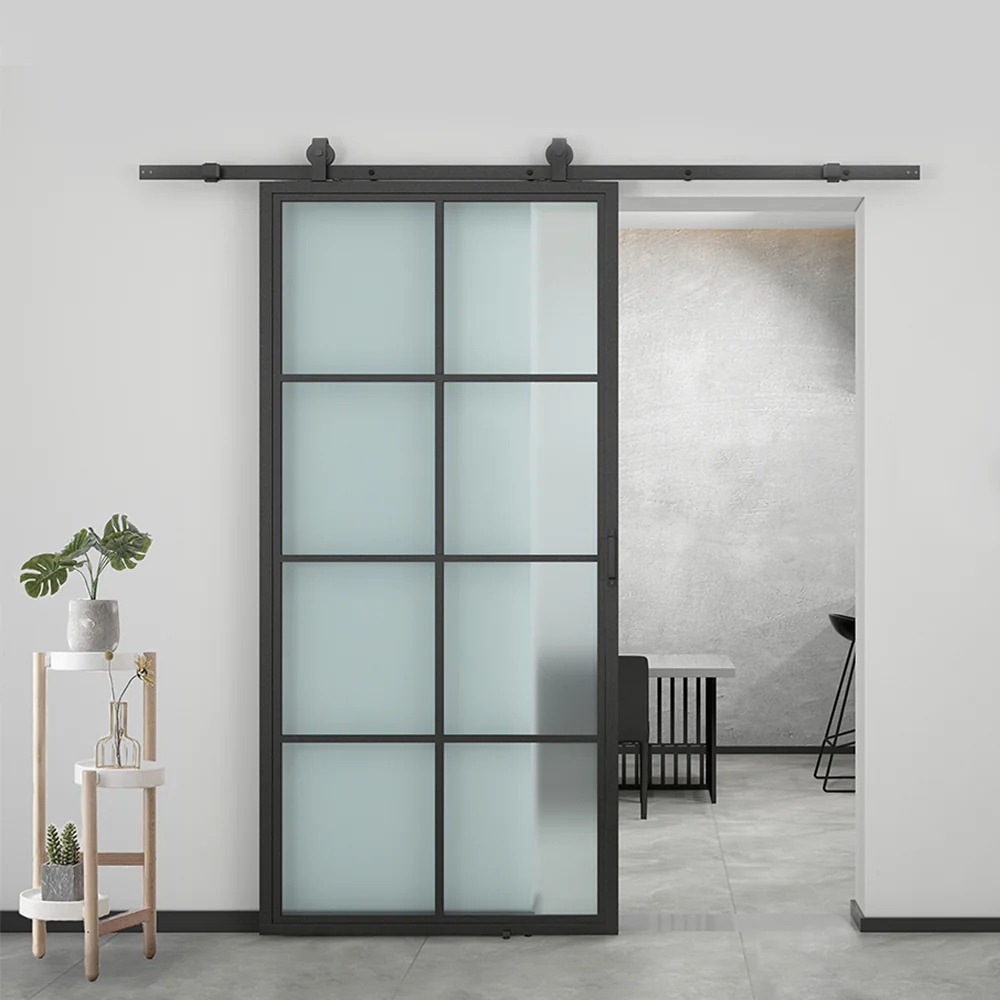 6 Lite Glass Black Steel Frame Interior Door Double Sliding Barn Door with Hardware Kit