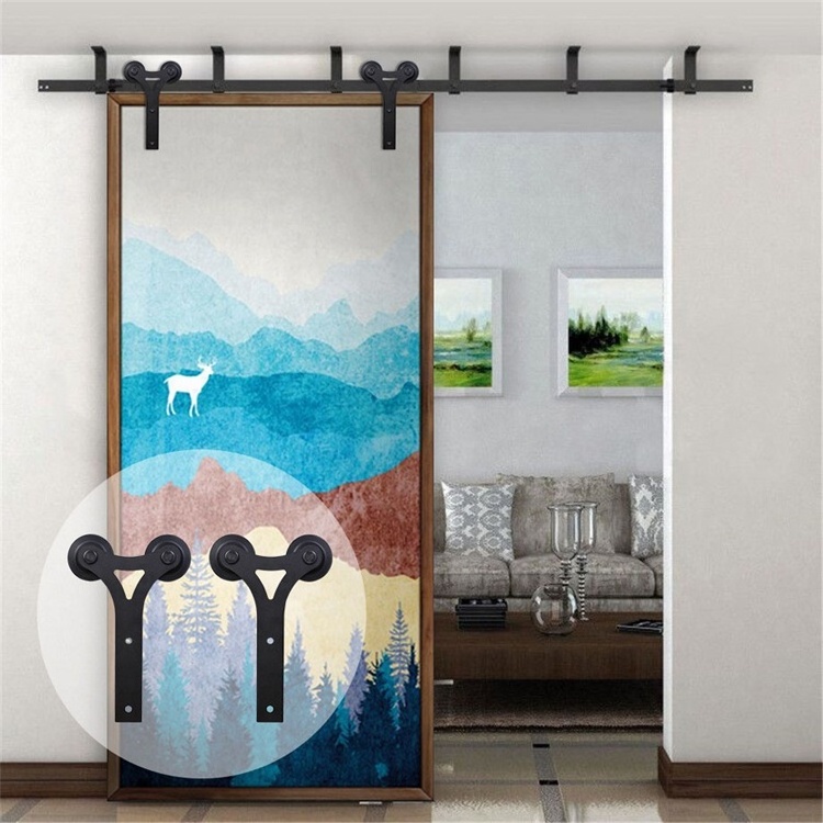 Frosted Glass Interior Door With Black Steel Frame Steel sliding barn door with hardware