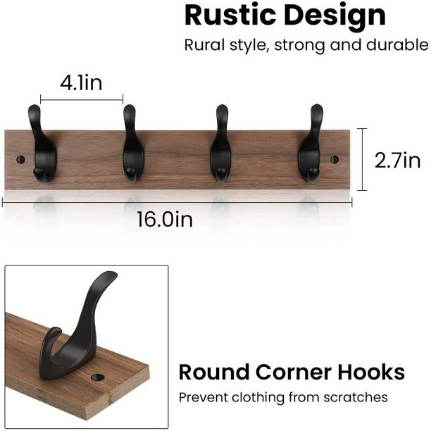 Wall Mount Wooden Rustic Hook Rack Coat Rack Hook Board with 4 Metal Hooks for Wall Organizer