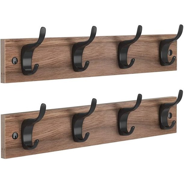 Wall Mount Wooden Rustic Hook Rack Coat Rack Hook Board with 4 Metal Hooks for Wall Organizer