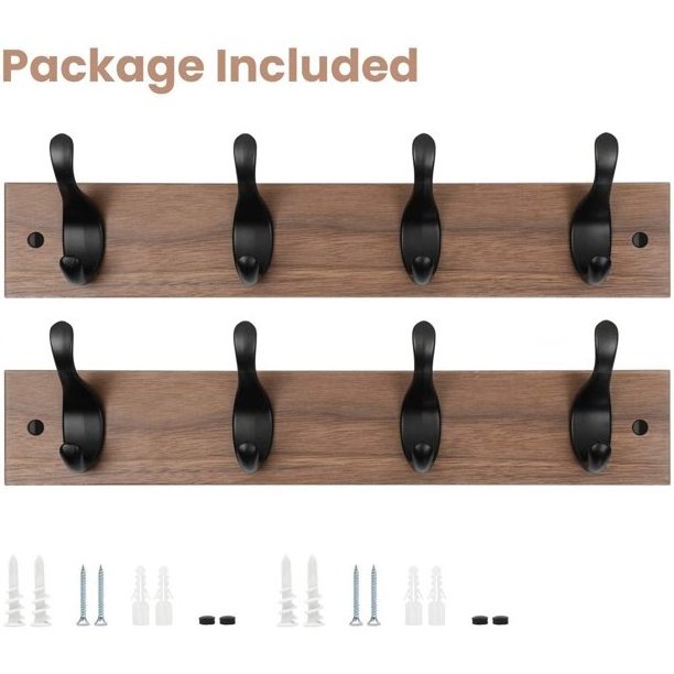 Wall Mount Wooden Rustic Hook Rack Coat Rack Hook Board with 4 Metal Hooks for Wall Organizer