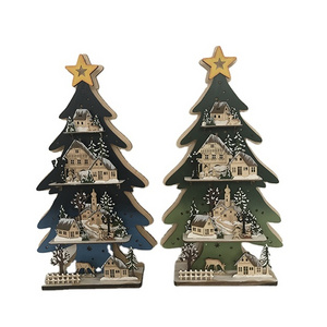 Christmas decoration supplies-old led light wooden white pin with village snow scene for christmas decoration outdoor