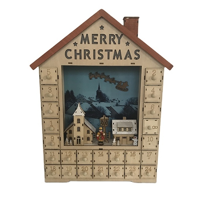 Christmas decoration supplies-old led light wooden white pin with village snow scene for christmas decoration outdoor