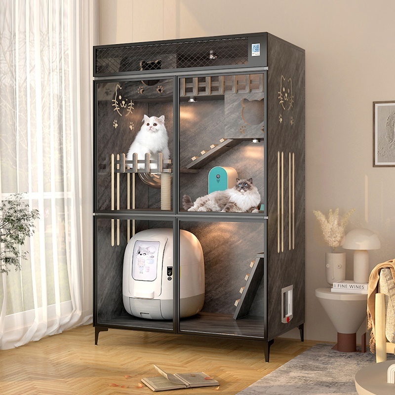 Solid Wood Panoramic Pet Cat Show House Indoor Furniture Luxury Cat Villa Wooden Cat House