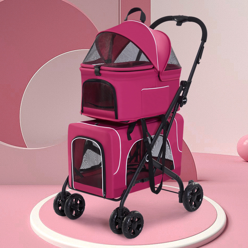 4 Wheels Foldable Cat Dog Stroller with Storage Basket Two Carrier Pet Stroller for Small and Medium Cats, Dogs