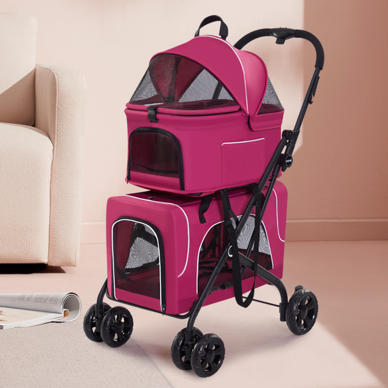 4 Wheels Foldable Cat Dog Stroller with Storage Basket Two Carrier Pet Stroller for Small and Medium Cats, Dogs