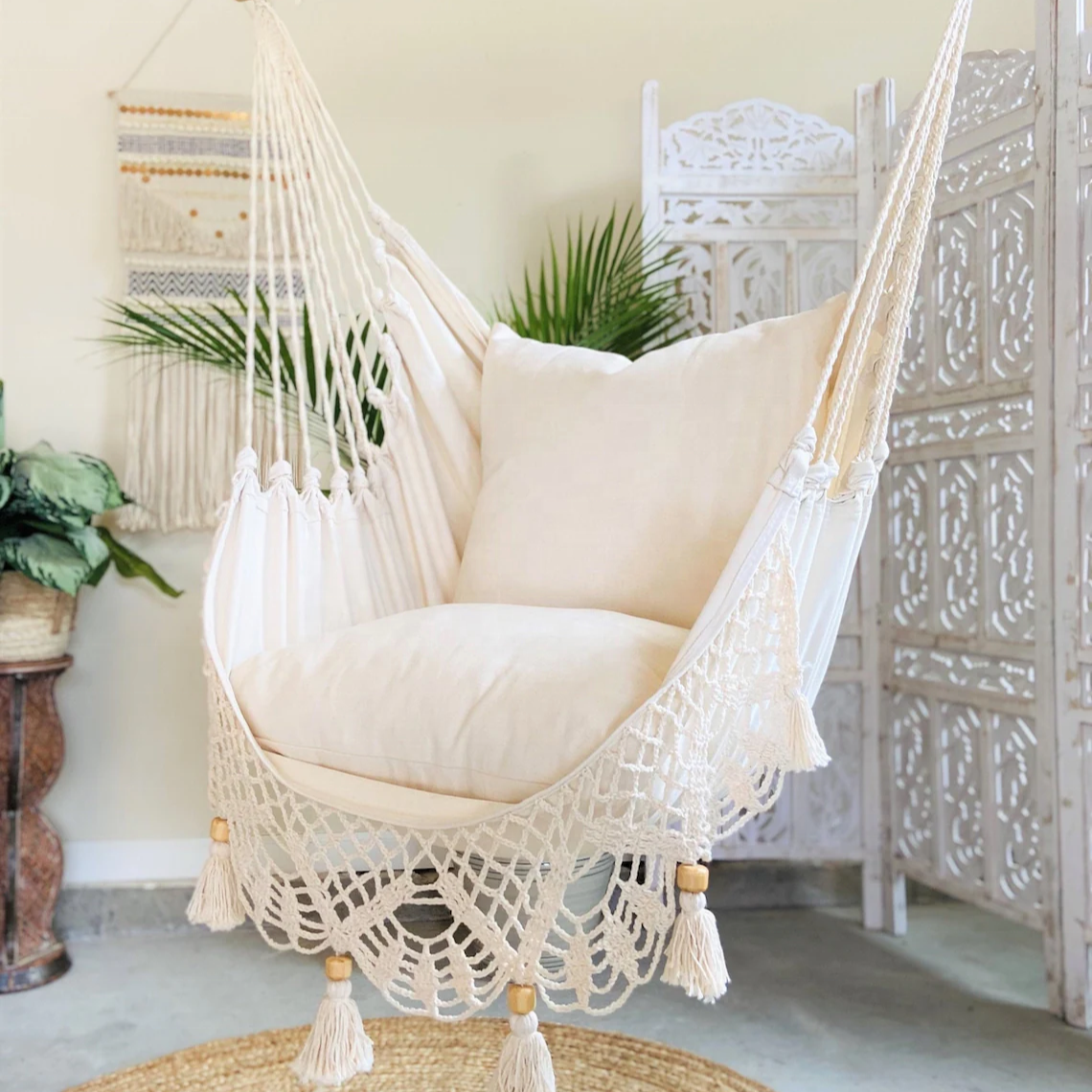 New Macrame Boho Indoor Hanging Hammock Swing Chair Bedroom Hanging Swing Chair With Bead Tassel