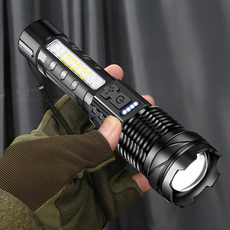 Hot Sale Type-C Rechargeable Hand Torch Zoom Focus Flashlights Side Red Blue Light Flashlight