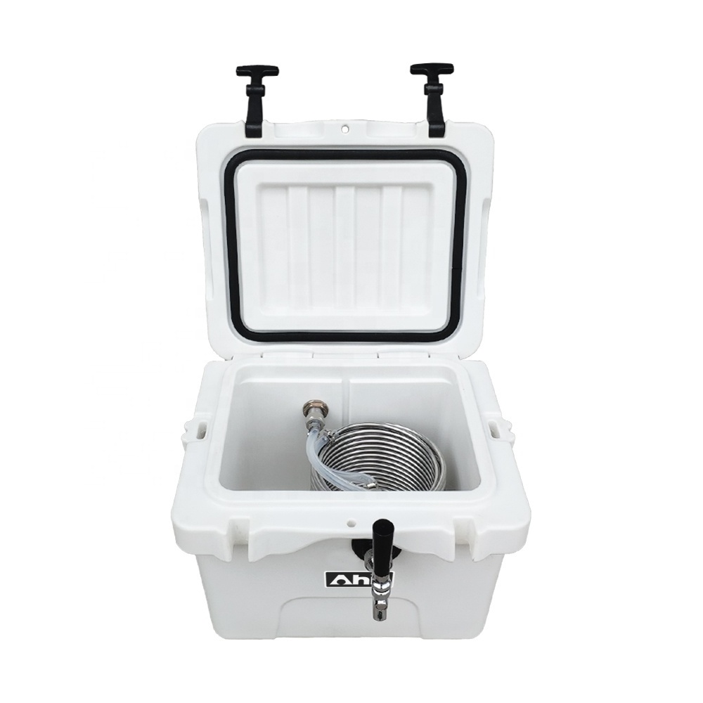 beverage container jockey box coolers with single faucet and coil