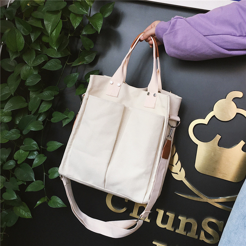 Adjustable Sling Shoulder Strap Reusable Shopping Messenger Bag Durable Canvas Cotton Tote Bag with Leather Handle