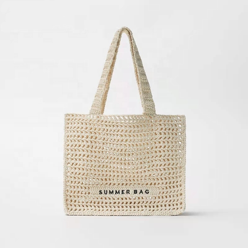 2023 Custom embroidery logo eco casual handmade lady shoulder handbag tote bags hollow out cotton crochet women summer beach bag