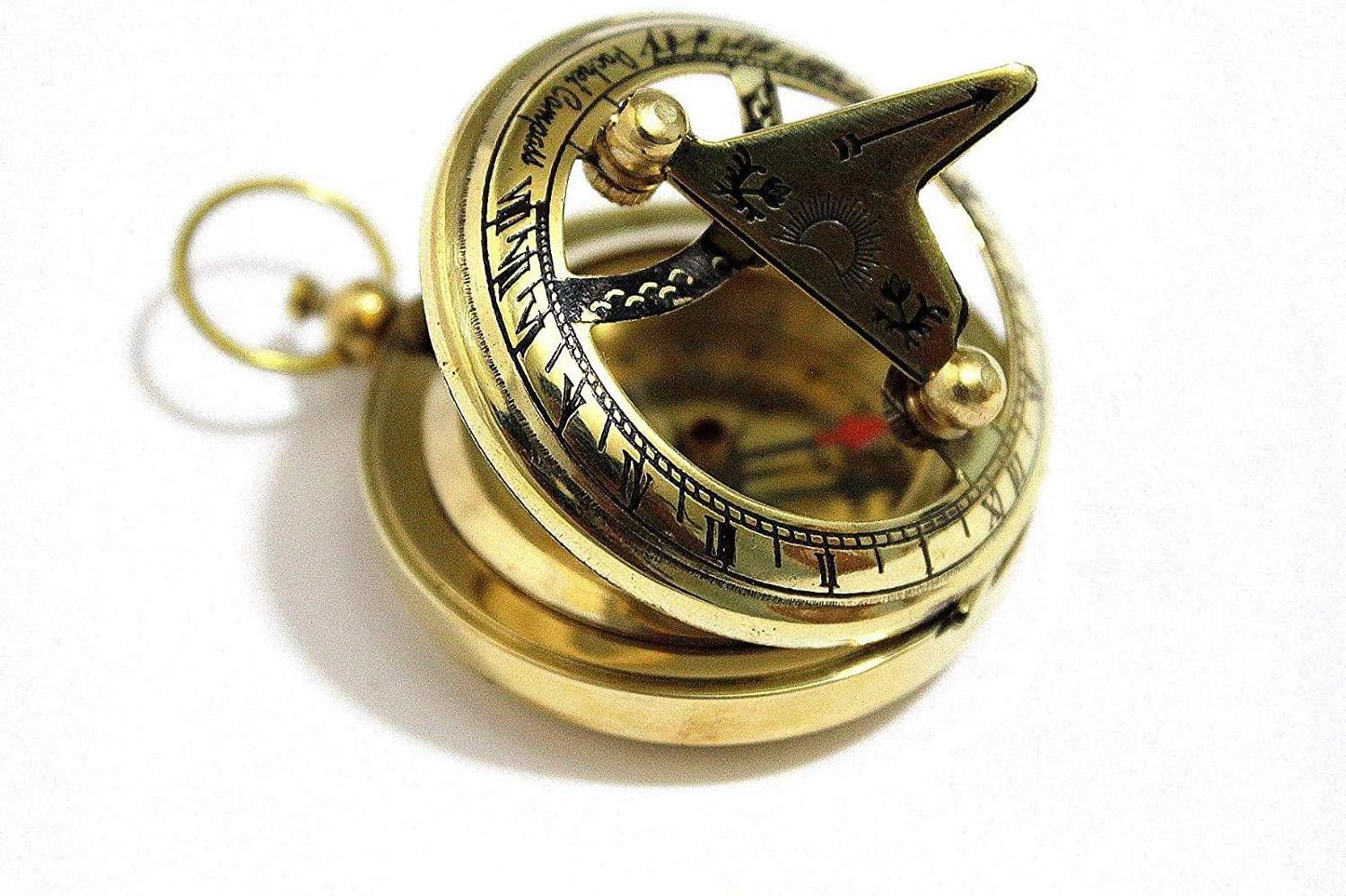 Brass Compass Push Button Locket Sundial With Leather Case Pocket Nautical Vintage Compass at Reasonable Price