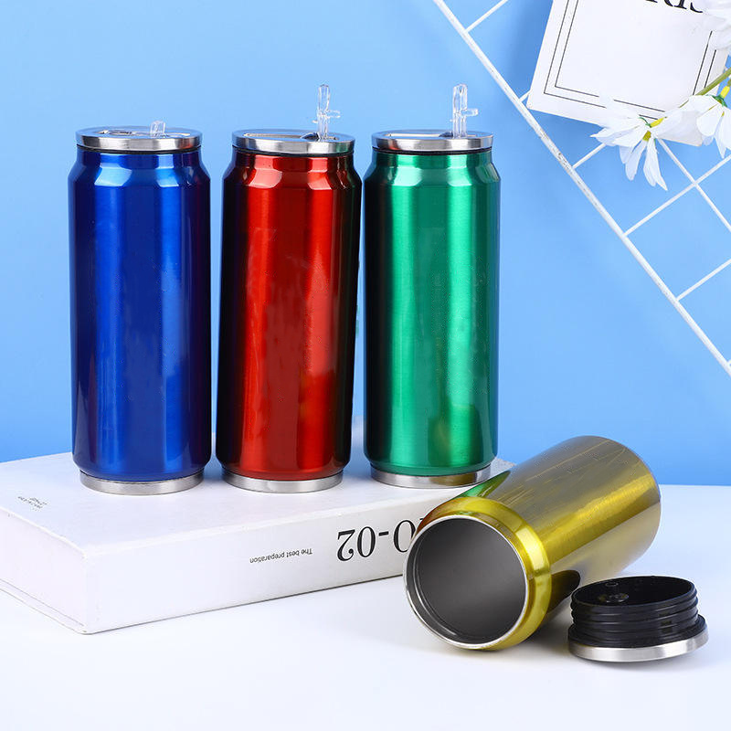 350/500ml Double Wall Stainless Steel Cola Can 12oz/17oz Bottle Vacuum Thermos Cans Water cokes Bottle With Flip straw lid