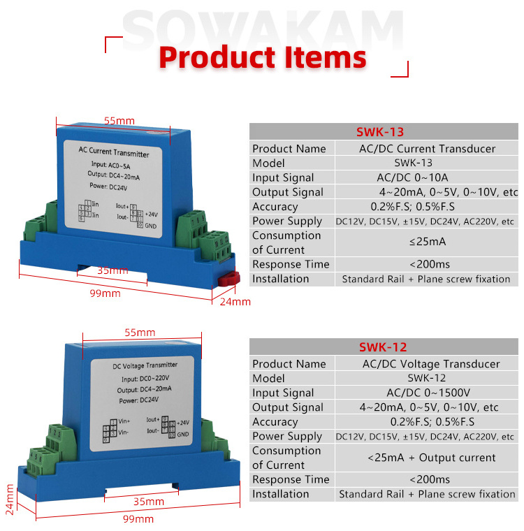 SWK-3A three phase 220V 380V ac current voltage transducer low 3-phase current transmitter and receiver 24VDC