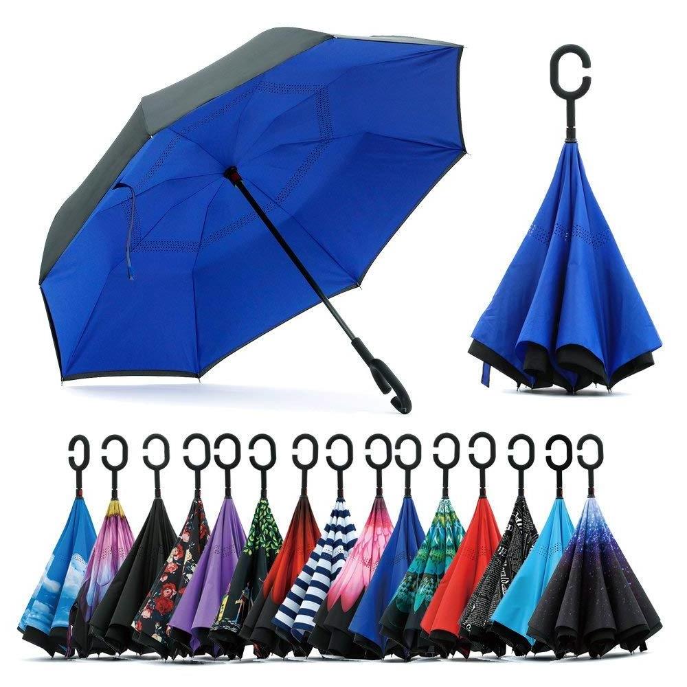 Wholesales Wind Resistant Hands Free Inside Out C Handle Smart Reverse Upside-down Double Layer Inverted Umbrella