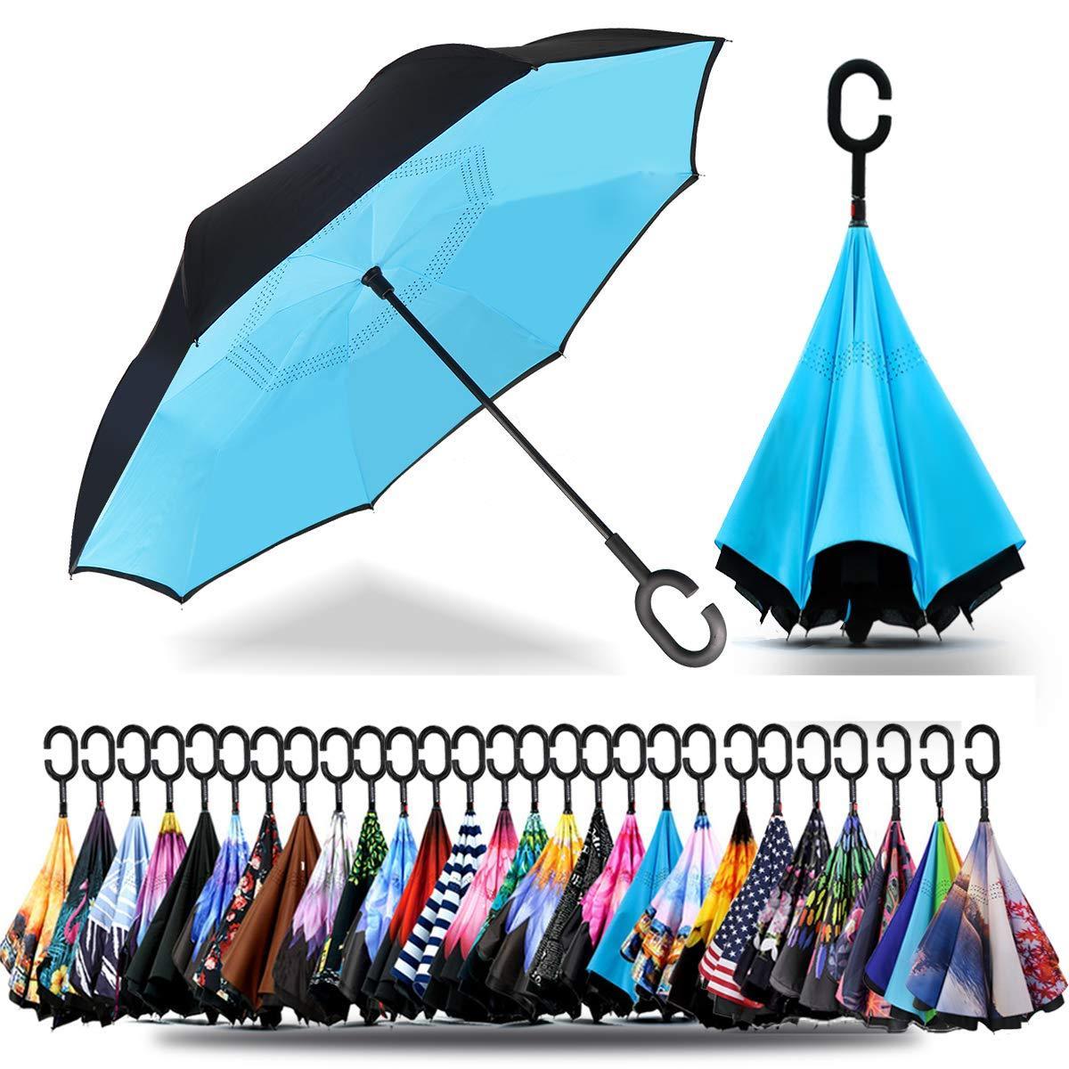 Wholesales Wind Resistant Hands Free Inside Out C Handle Smart Reverse Upside-down Double Layer Inverted Umbrella