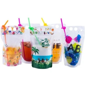 Juice Sealed Drink Pouches Clear Reclosable Hand Held Zipper Plastic Drinking Bags with Plastic Straw