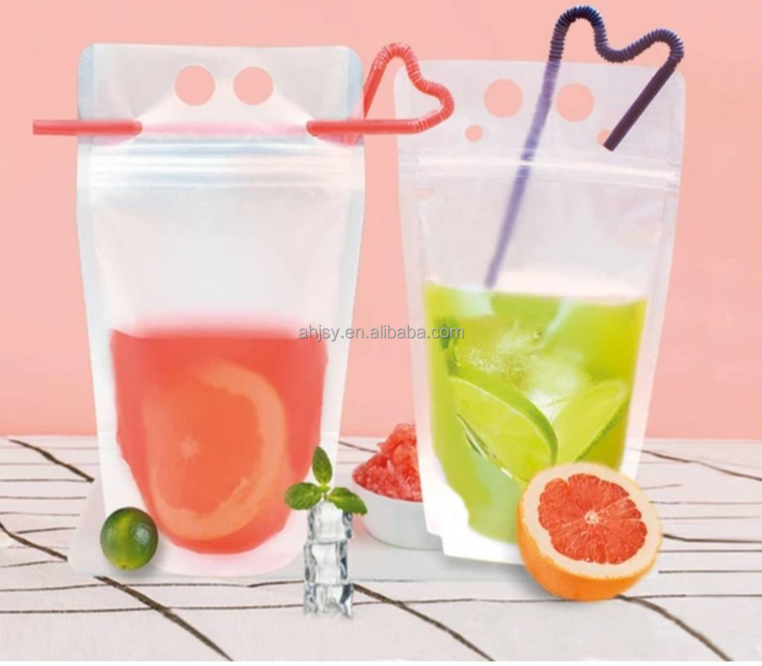 Juice Sealed Drink Pouches Clear Reclosable Hand Held Zipper Plastic Drinking Bags with Plastic Straw