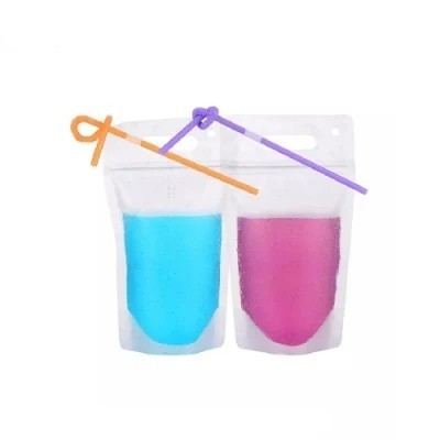 Juice Sealed Drink Pouches Clear Reclosable Hand Held Zipper Plastic Drinking Bags with Plastic Straw