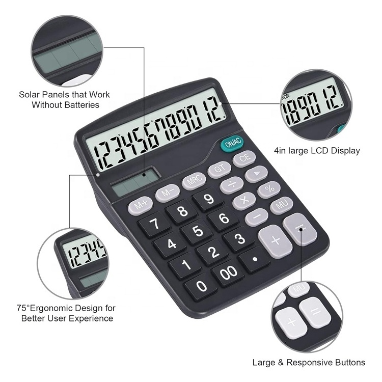 Foska Large LCD Display Office Home School 12 Digit Desk Calculator with an AAA battery