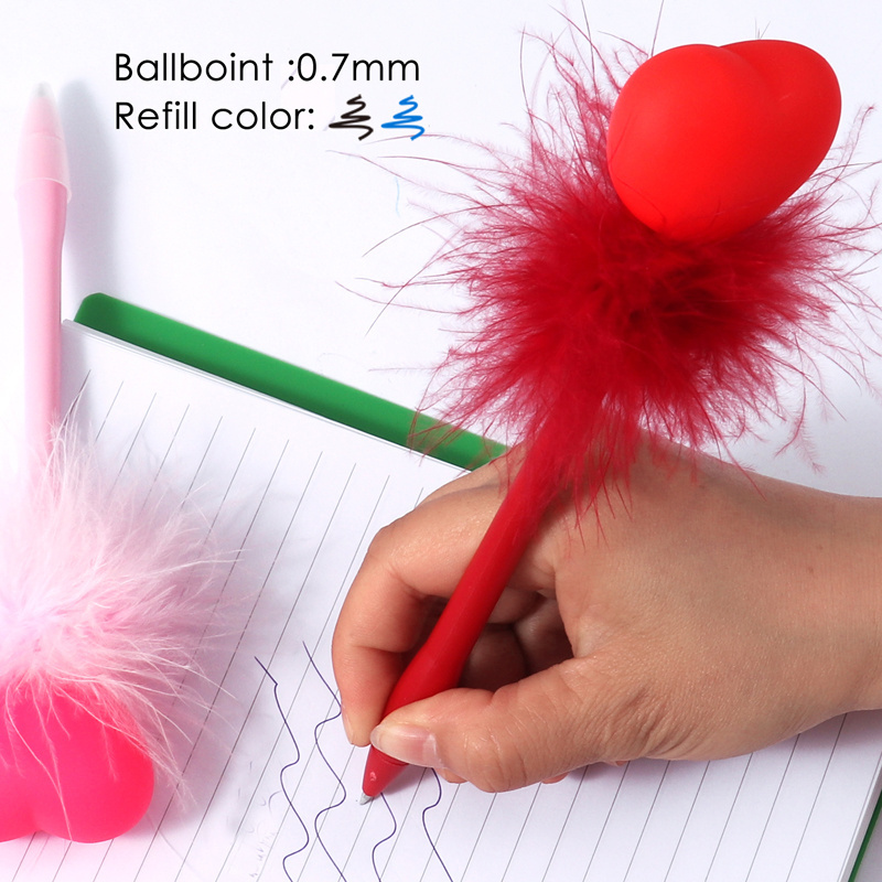 Foska Fashion Cute Heart Shape Fluffy Feather Fancy Ballpoint pen 0.7mm New Design With Flashlight Decoration Flash Ball pen