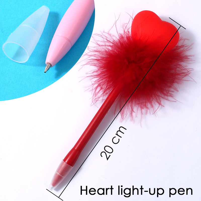 Foska Fashion Cute Heart Shape Fluffy Feather Fancy Ballpoint pen 0.7mm New Design With Flashlight Decoration Flash Ball pen