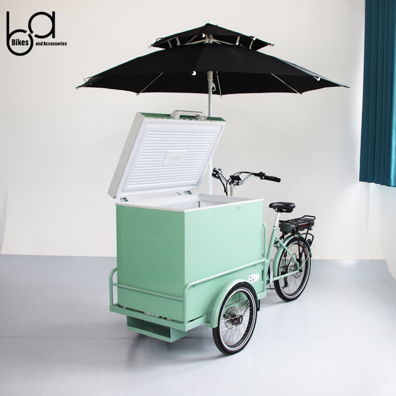 250W Electric Food Bike Three Wheels Bicycle Cart For Ice Cream On Bike With Freezer And Umbrella