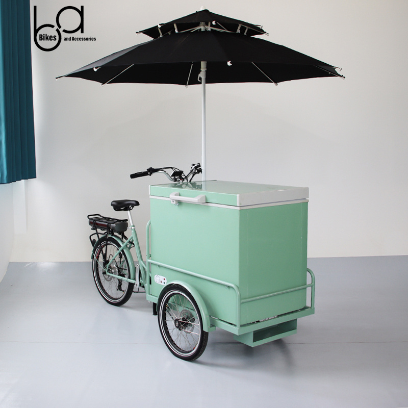 250W Electric Food Bike Three Wheels Bicycle Cart For Ice Cream On Bike With Freezer And Umbrella