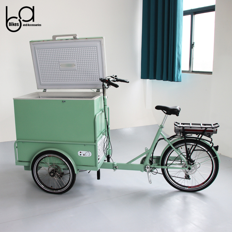 250W Electric Food Bike Three Wheels Bicycle Cart For Ice Cream On Bike With Freezer And Umbrella