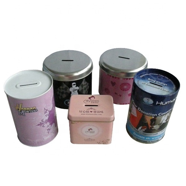 Custom designs metal money collection tin box donation charity tin can coin saving piggy bank