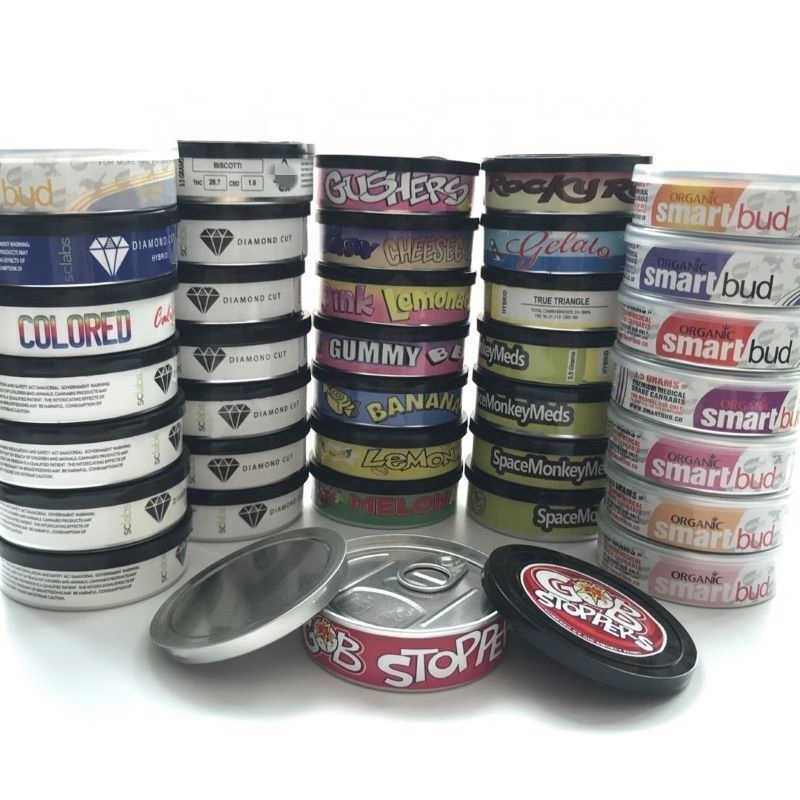 Round self-seal pop top cali tin can tobacco herb metal ring pull tab press tins peel off lid