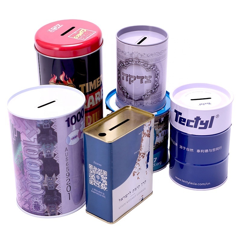 Custom logo metal money saving tin boxes cash dollar bill tin can coin piggy bank wholesale