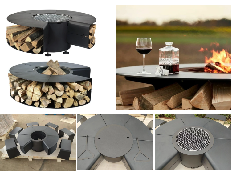 corten garden steel wood burning fire bowl fire pit bbq dining table