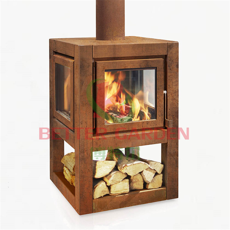 corten steel outdoor freestanding wood burning fireplace fireplaces stoves