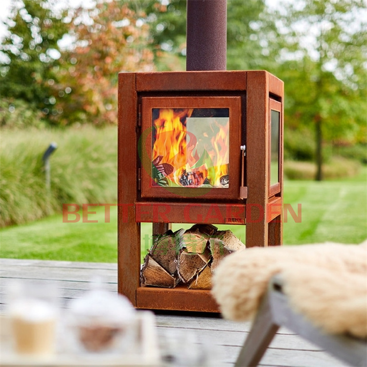 corten steel outdoor freestanding wood burning fireplace fireplaces stoves