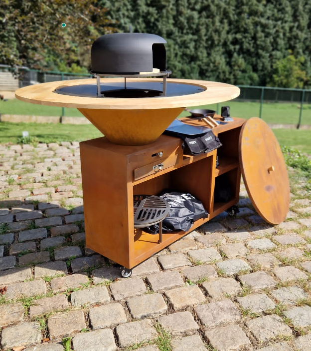 corten steel bbq set/outdoor charcoal bbq grill metal with grill table wood fire barbecue fire pit