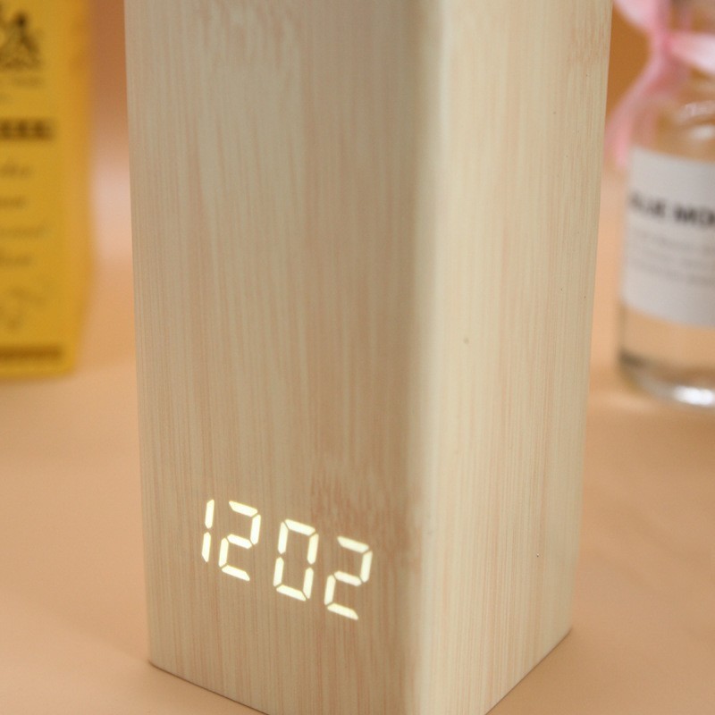 Simple Modern Electronic Temperature Digital Desktop Solid Wooden Pen Holder with Led Alarm Clock For Office Home