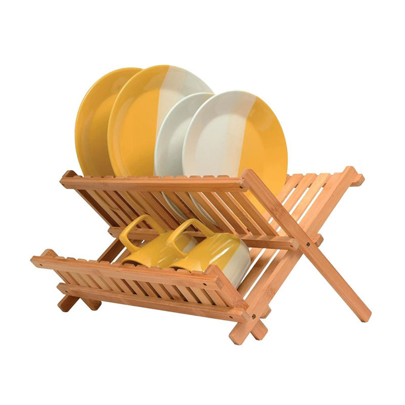 Customize Cheap Bamboo Collapsible Dish Drying Rack 2 Tier Dish Drainer Kitchen Organizer Holder Shelf