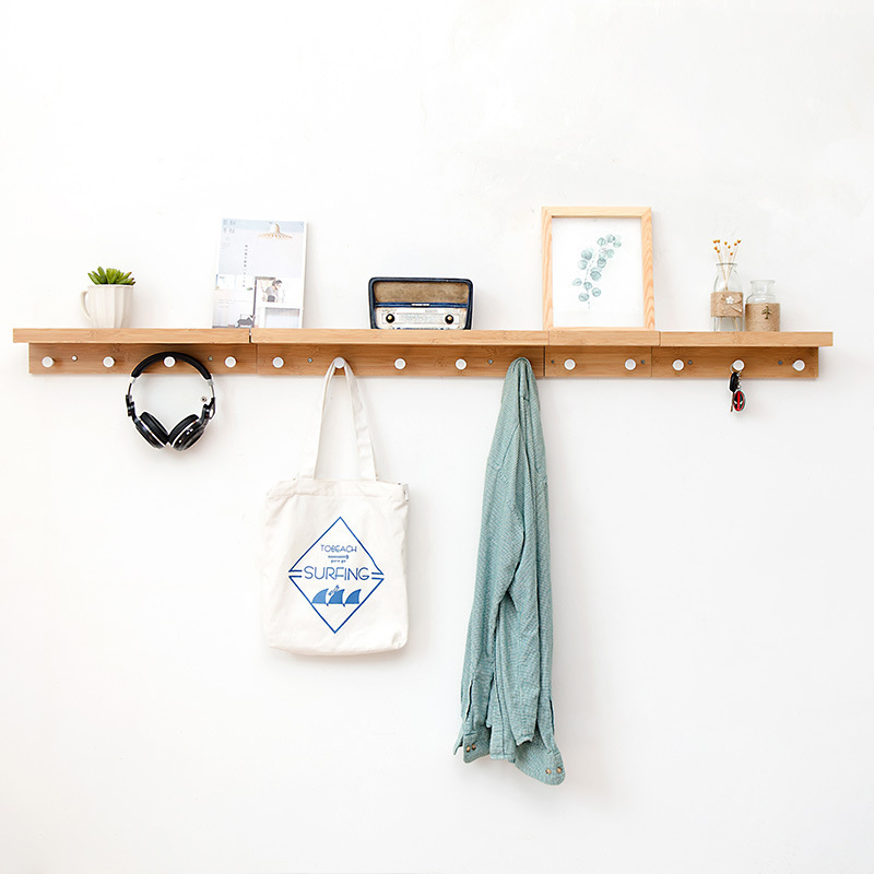 Bamboo Wall Mounted Hanging Entryway Shelf Wall storage with Different Hooks Natural Color